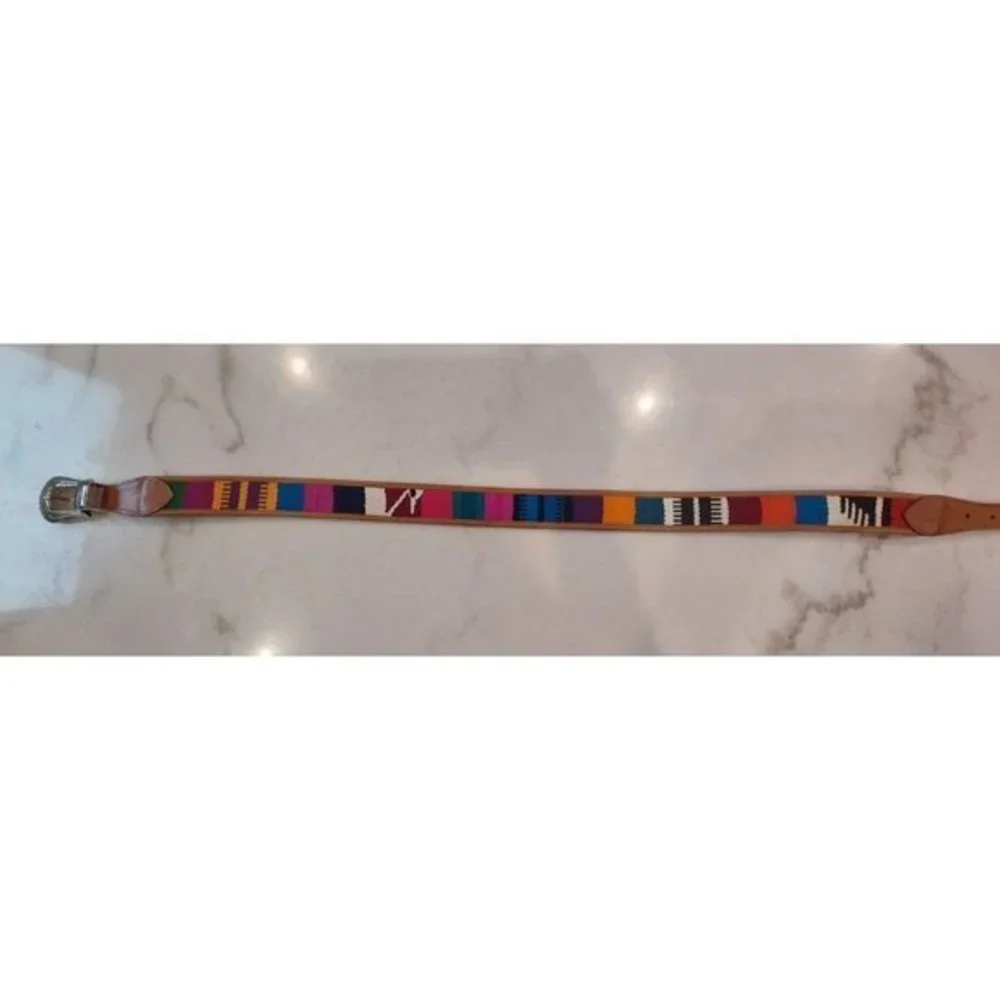 Vintage Leather Multicolor Hand Woven Weave Aztec Boho Belt 30